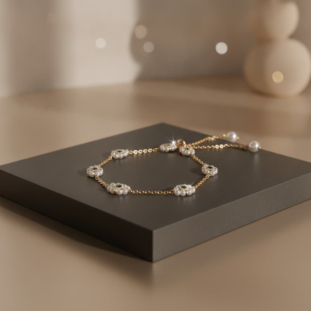 Gold Pearl Daisy Flower Charm Bracelet — view 3