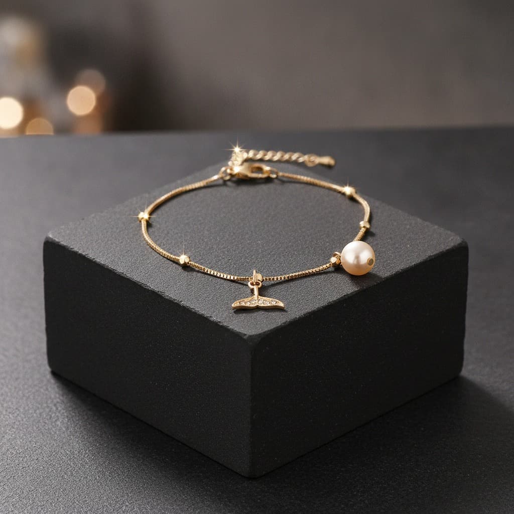 Gold Mermaid Tail Pearl Charm Bracelet — view 2
