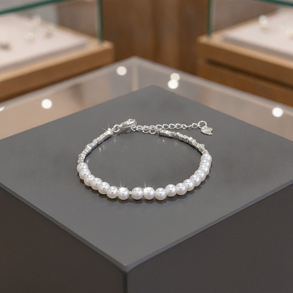Silver Crushed Bead and Pearl Mixed Bracelet — view 3