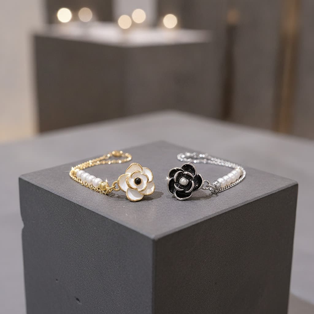 Black Camellia Crystal Chain Bracelet — view 2