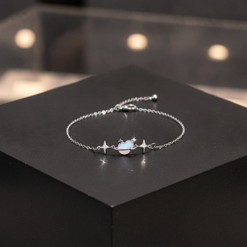 Silver Star Moon Opal Charm Chain Bracelet — view 2