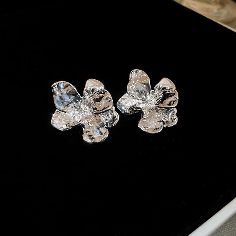 Silver Crumpled Petal Flower Stud Earring — front view