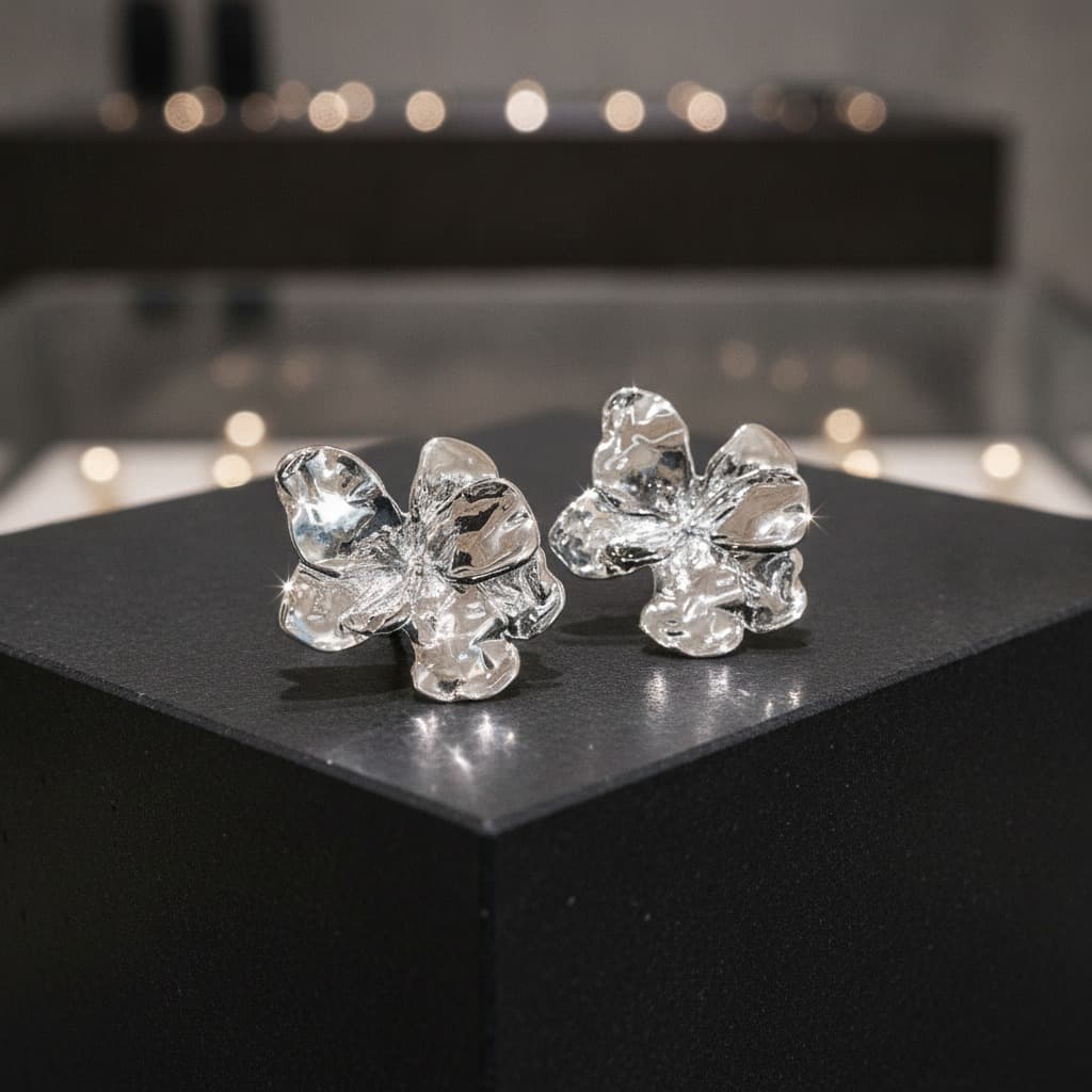 Silver Crumpled Petal Flower Stud Earring — view 2