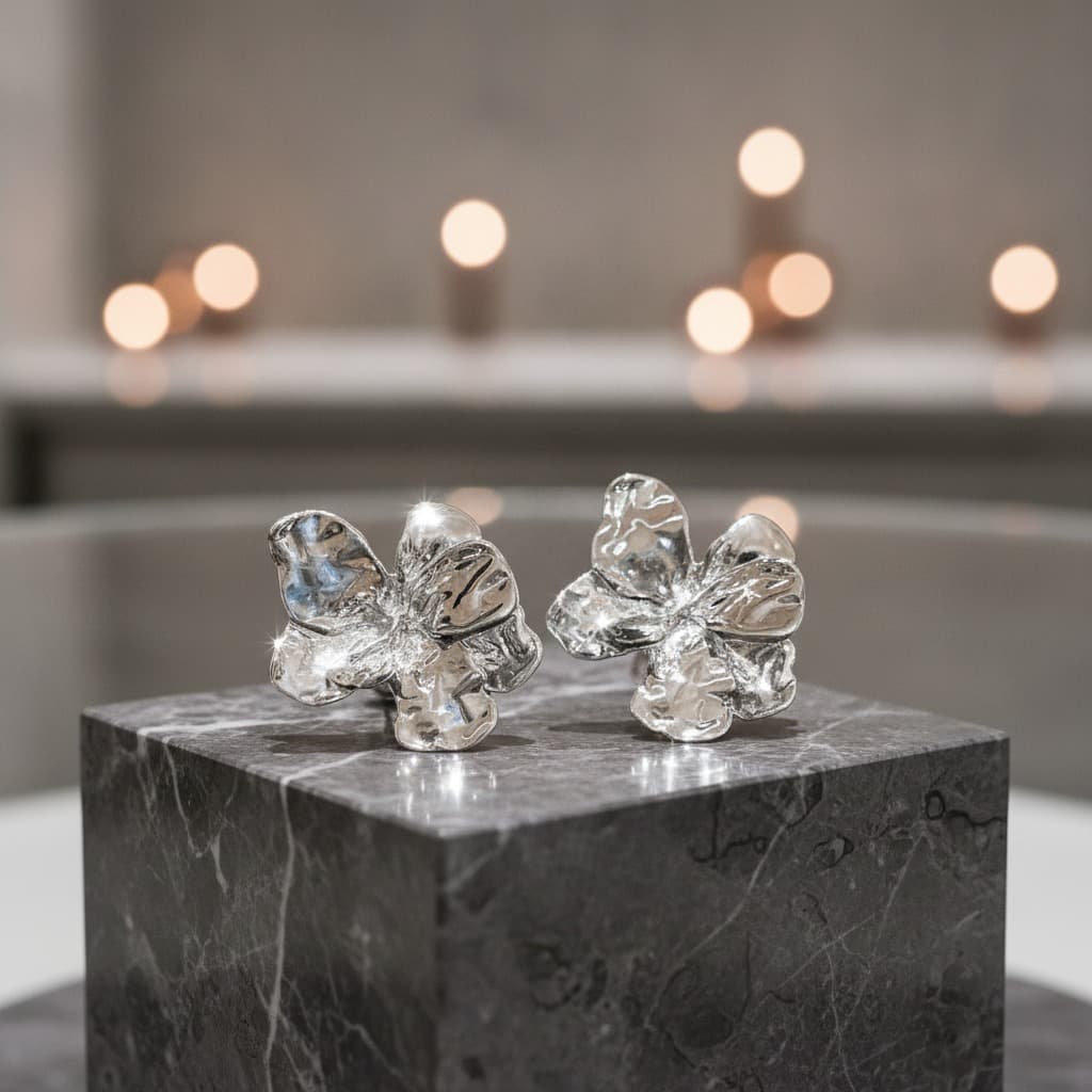 Silver Crumpled Petal Flower Stud Earring — view 3