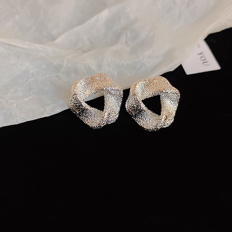 Silver Textured Twisted Triangle Knot Stud Earring — front view
