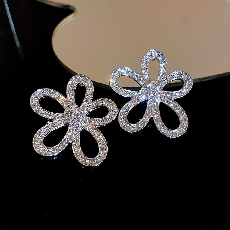 Silver Crystal Open Petal Flower Stud Earring — front view