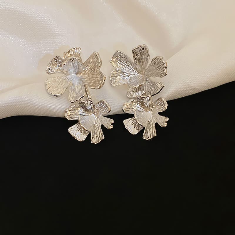 Silver Ribbed Double Blossom Stud Earring — front view