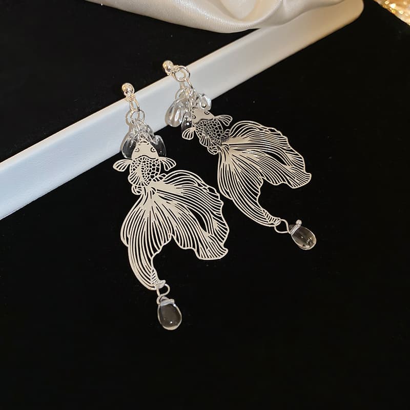 Silver Etched Betta Fish Tassel Stud Earring — front view