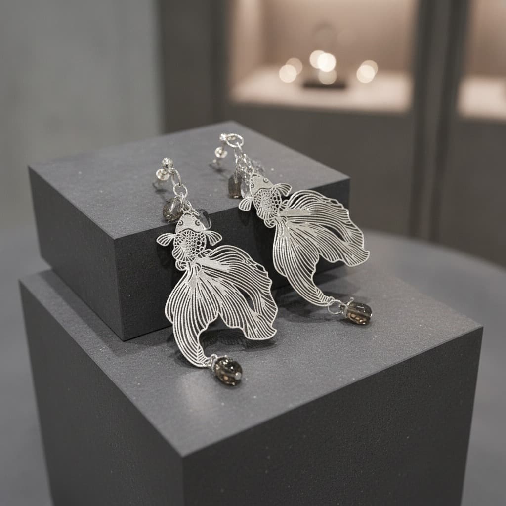 Silver Etched Betta Fish Tassel Stud Earring — view 2