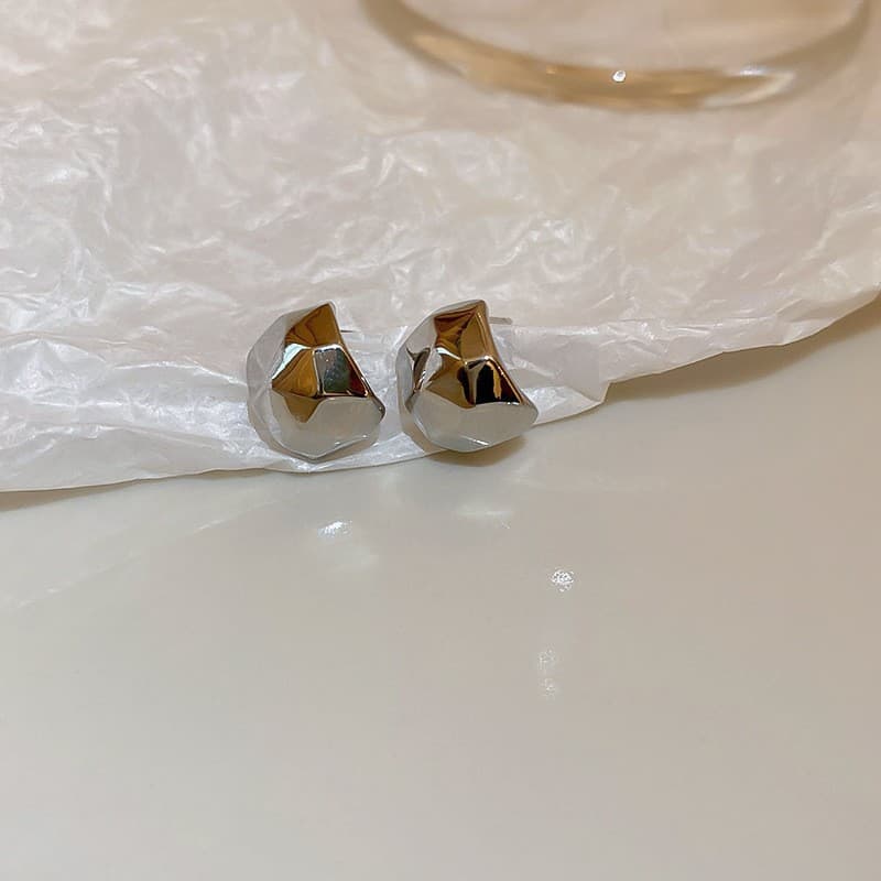 Silver Faceted Geometric Nugget Stud Earring — front view
