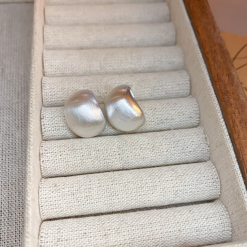 Silver Brushed Bean Stud Earring — front view