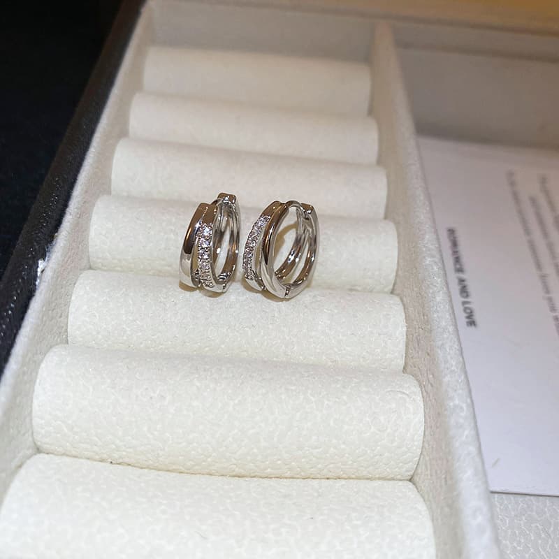 Silver Double-Band Crystal Huggie Clip-on Earring — front view