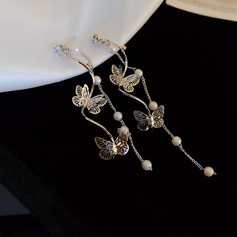 Silver Cascading Butterfly Pearl Chain Stud Earring — front view
