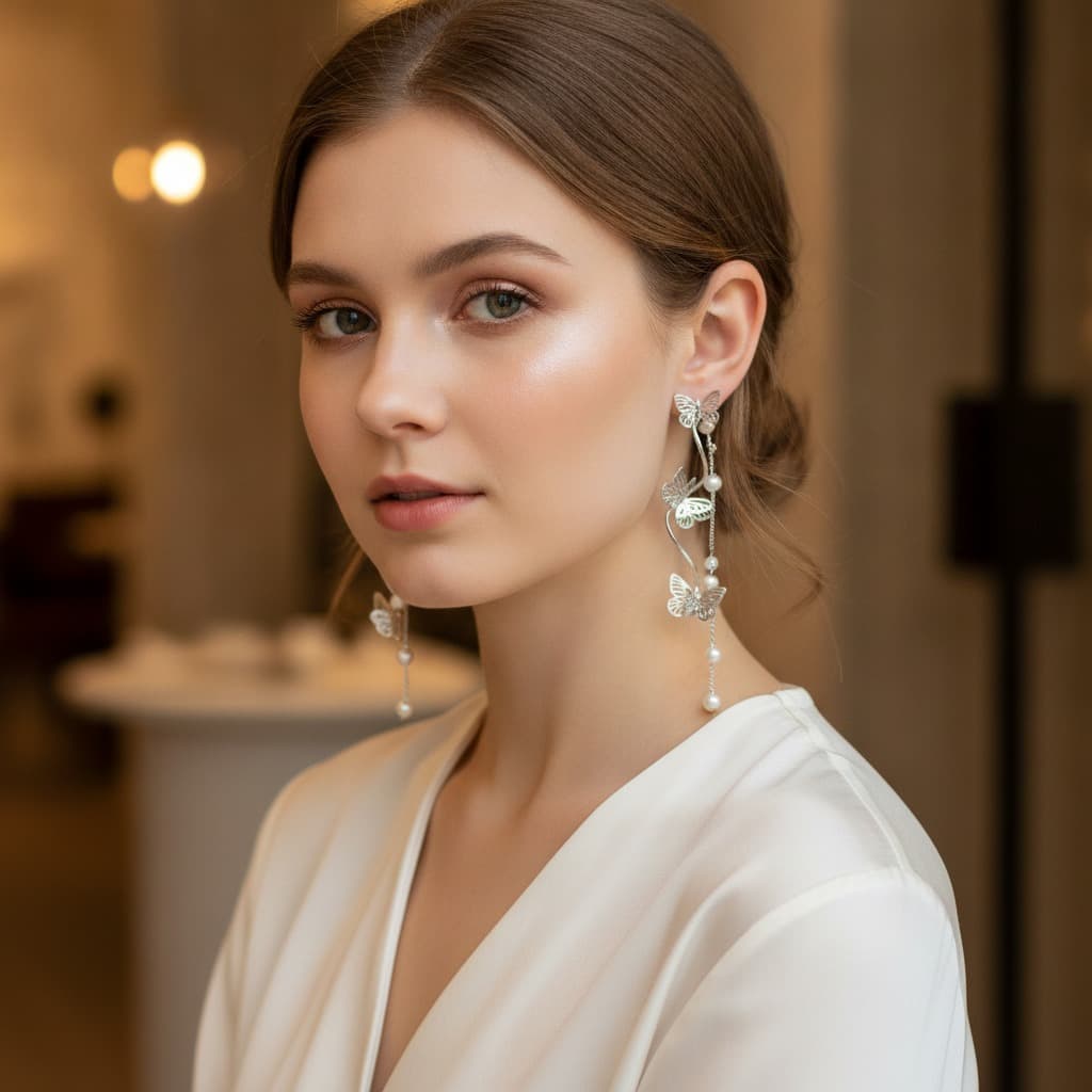 Silver Cascading Butterfly Pearl Chain Stud Earring — view 2
