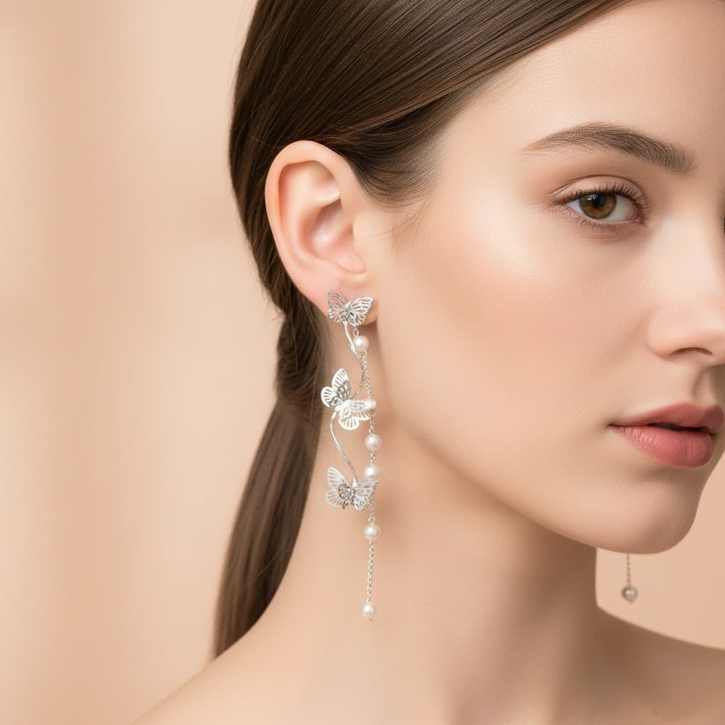 Silver Cascading Butterfly Pearl Chain Stud Earring — view 3
