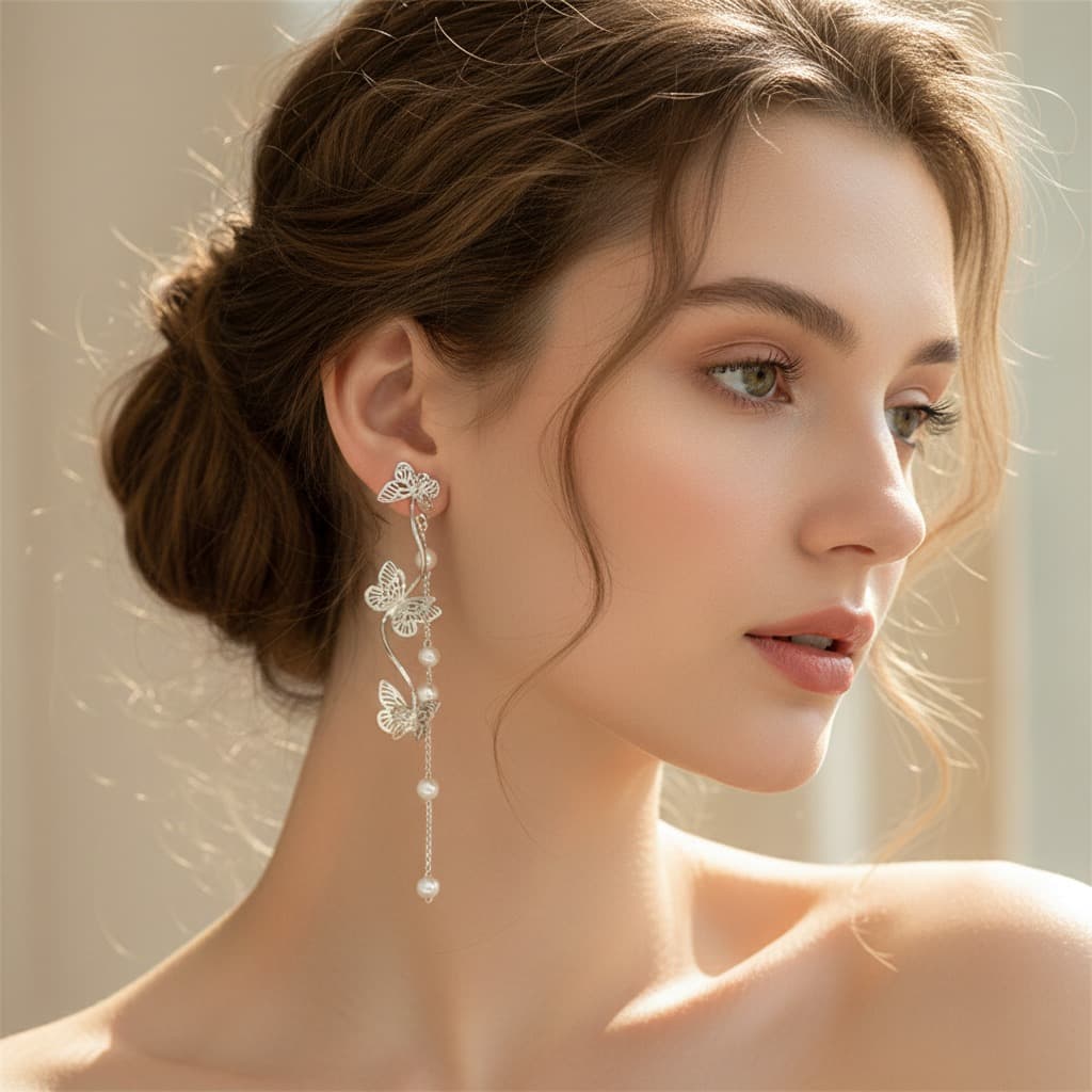 Silver Cascading Butterfly Pearl Chain Stud Earring — view 4