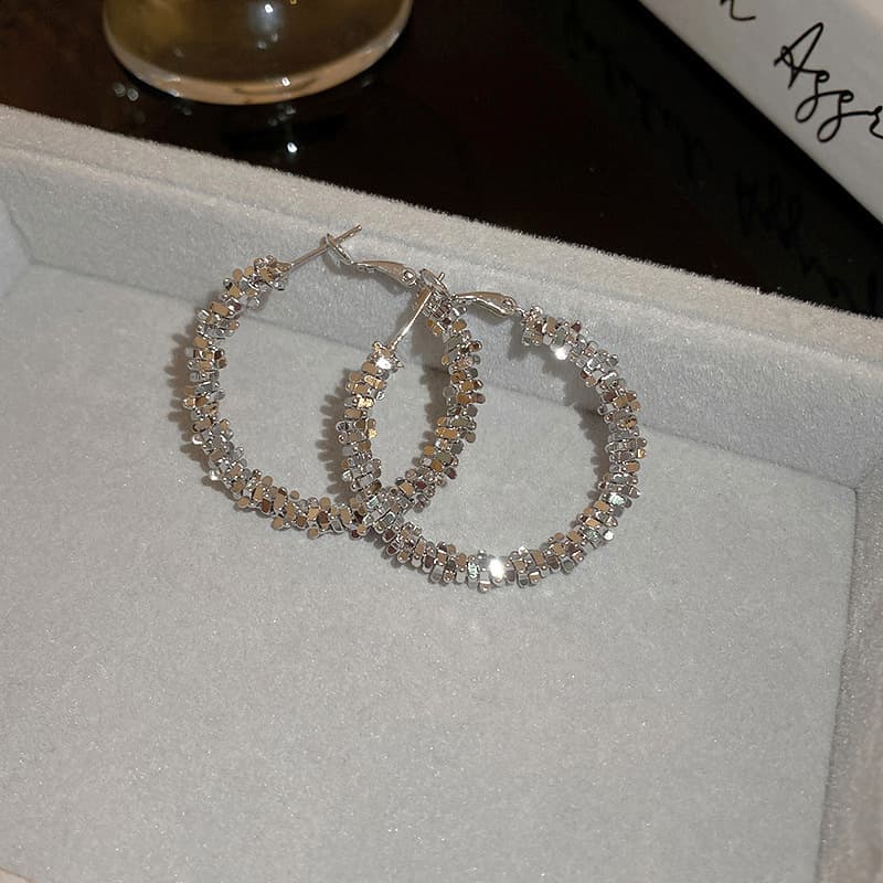 Silver Sequin-Studded Large Circle Hoop Earring — front view