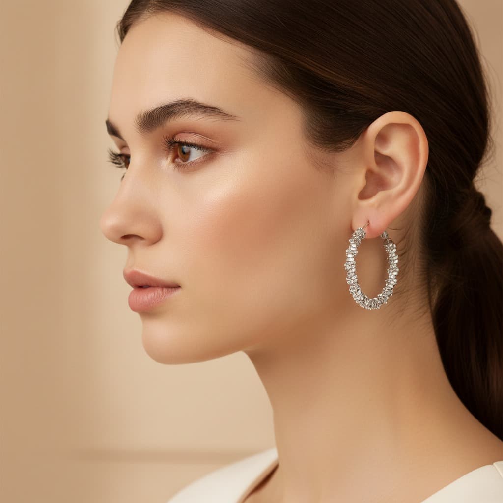 Silver Sequin-Studded Large Circle Hoop Earring — view 3