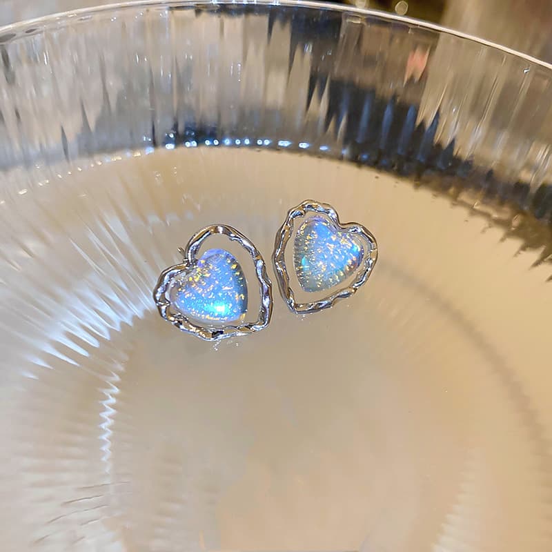 Silver Opal Heart Frame Stud Earring — front view