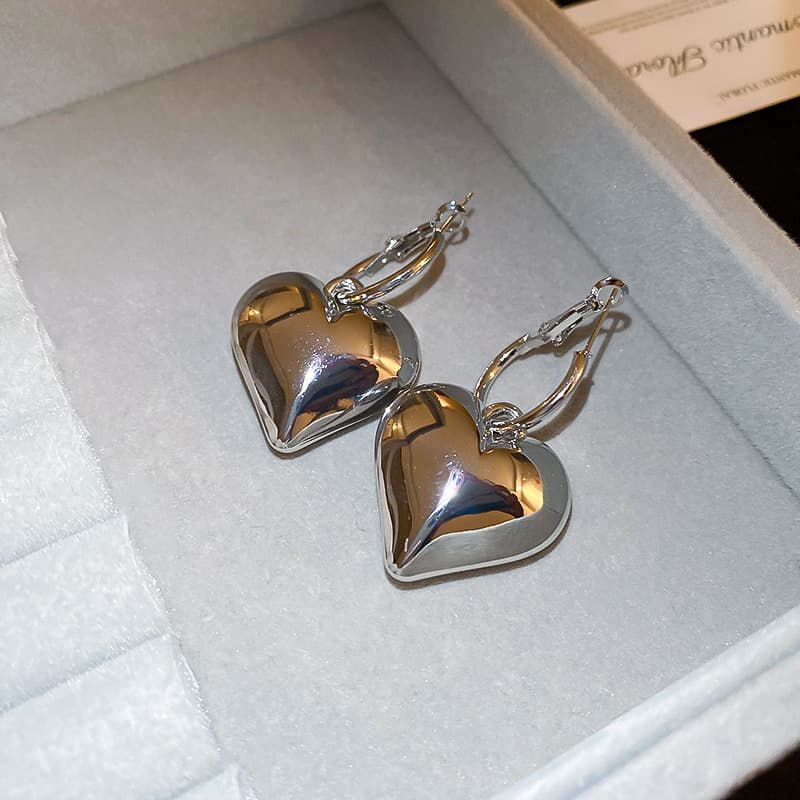 Silver Puffy Heart Drop Hoop Earring — front view