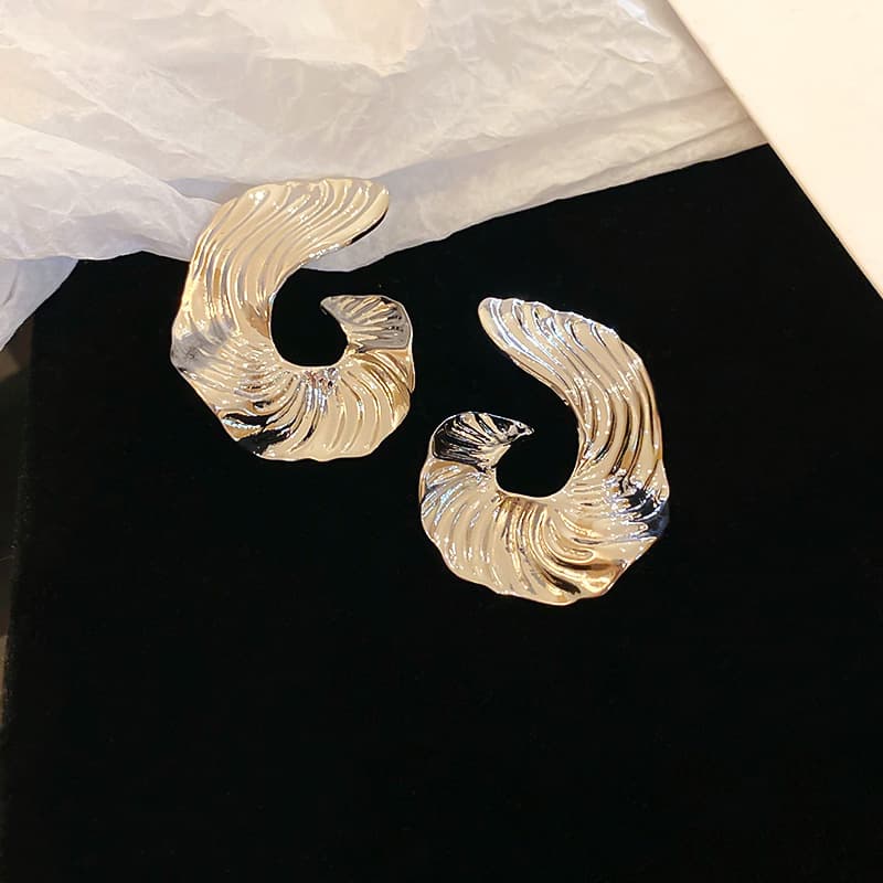 Silver Ribbed Spiral Swirl Stud Earring — front view