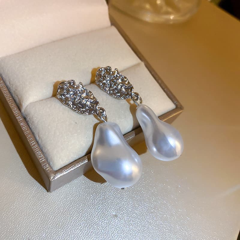 Silver Crystal Leaf Baroque Pearl Drop Stud Earring — front view