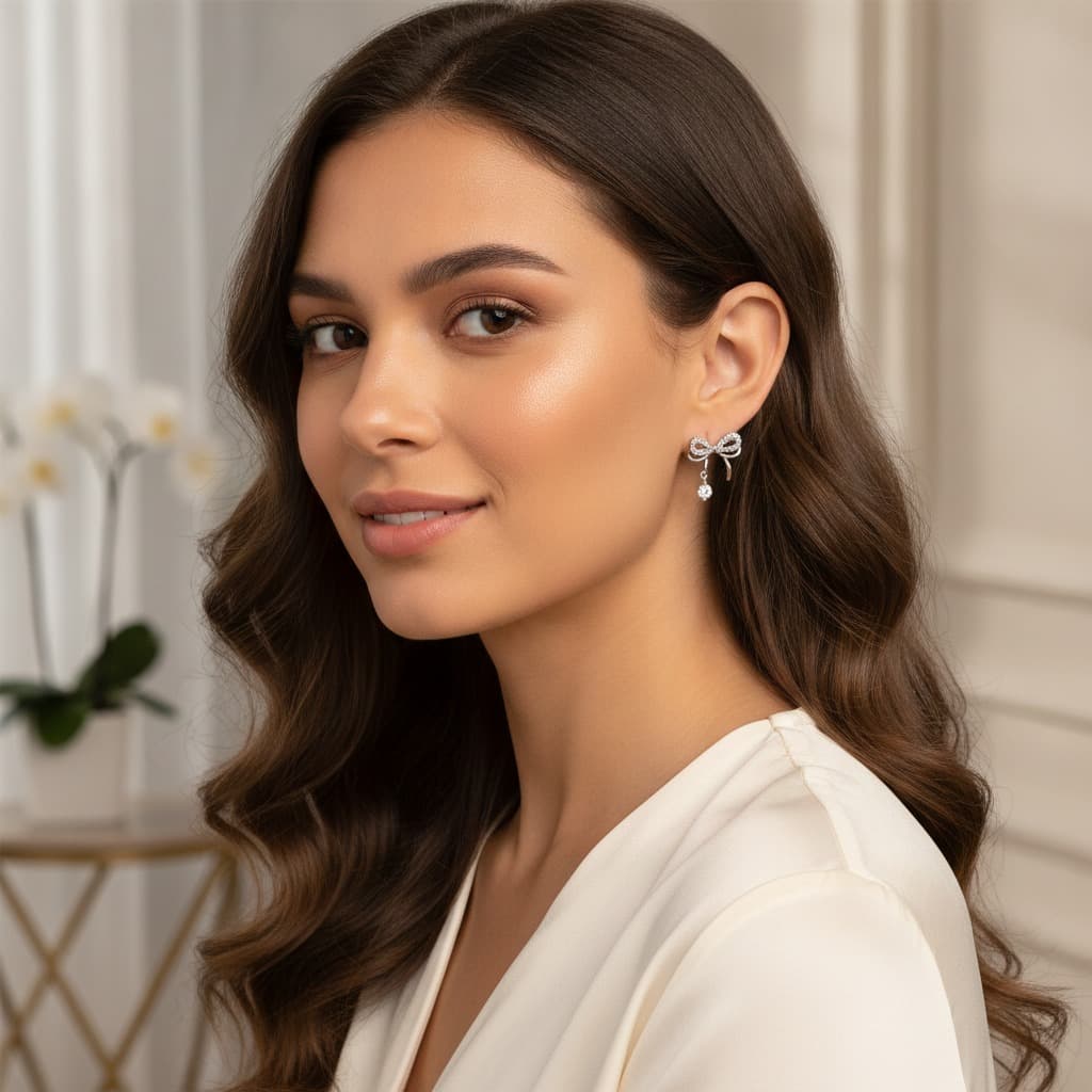 Silver Crystal Bow Drop Stud Earring — view 2