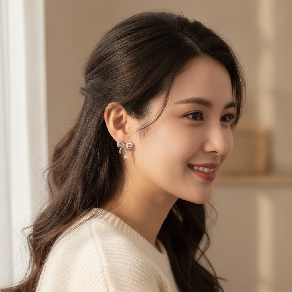 Silver Crystal Bow Drop Stud Earring — view 3