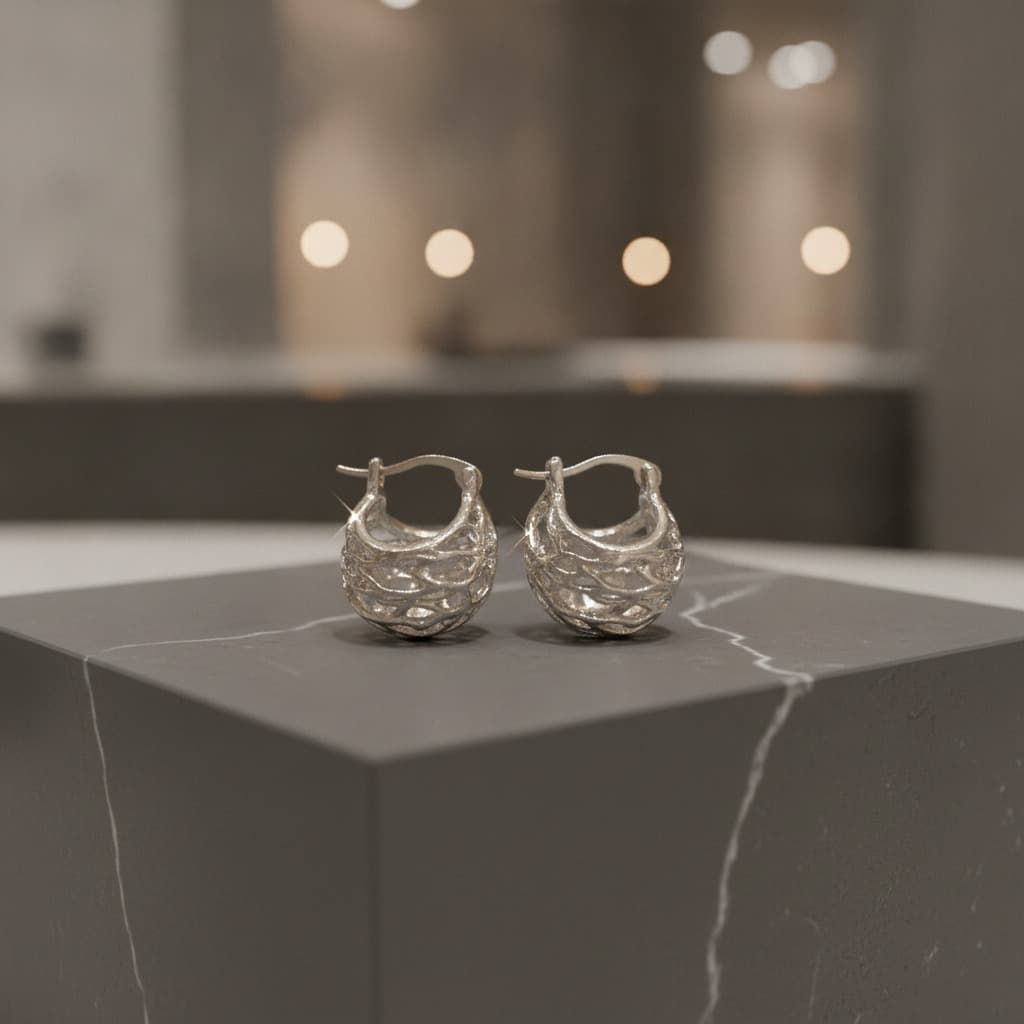 Silver Lattice Dome Huggie Hoop Earring — view 2