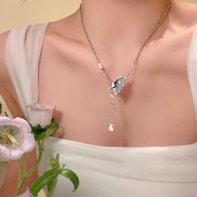 Silver Blue Butterfly Tassel Pendant Necklace — Necklace pendants from Mowey Studio
