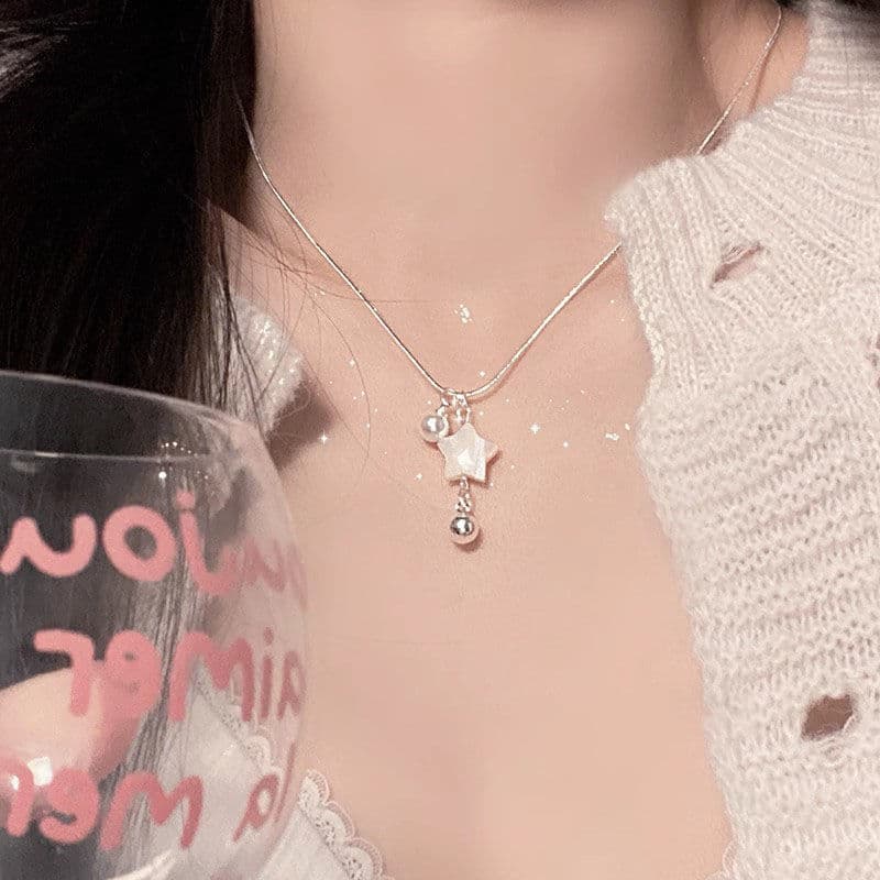 Silver Shell Star Pearl Drop Pendant Necklace — front view
