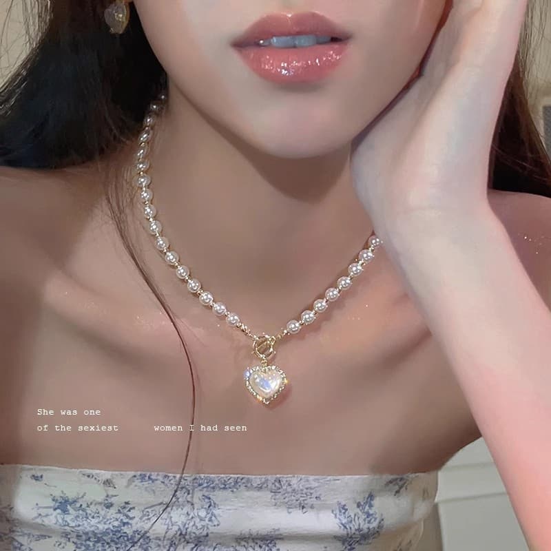 Gold Pearl Opal Heart Pendant Necklace — front view