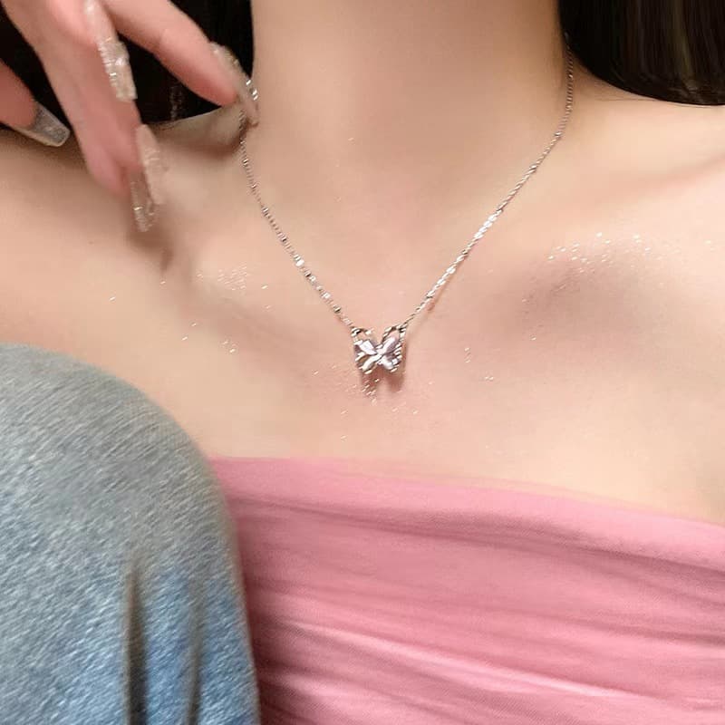 Silver Pink Butterfly Charm Pendant Necklace — front view