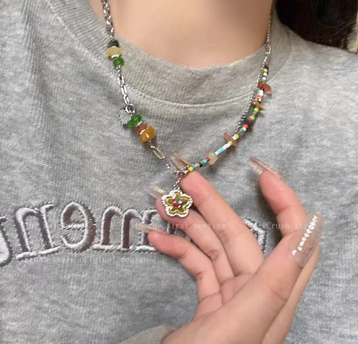 Silver Multicolor Beaded Flower Star Necklace — front view