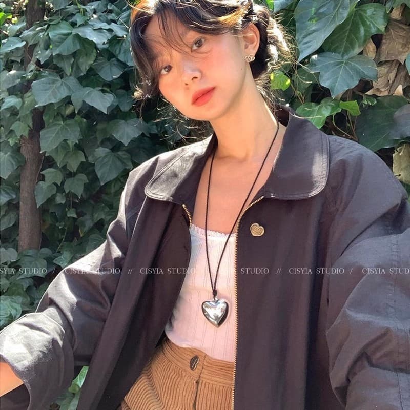 Silver Puffed Heart Cord Long Pendant Necklace — front view