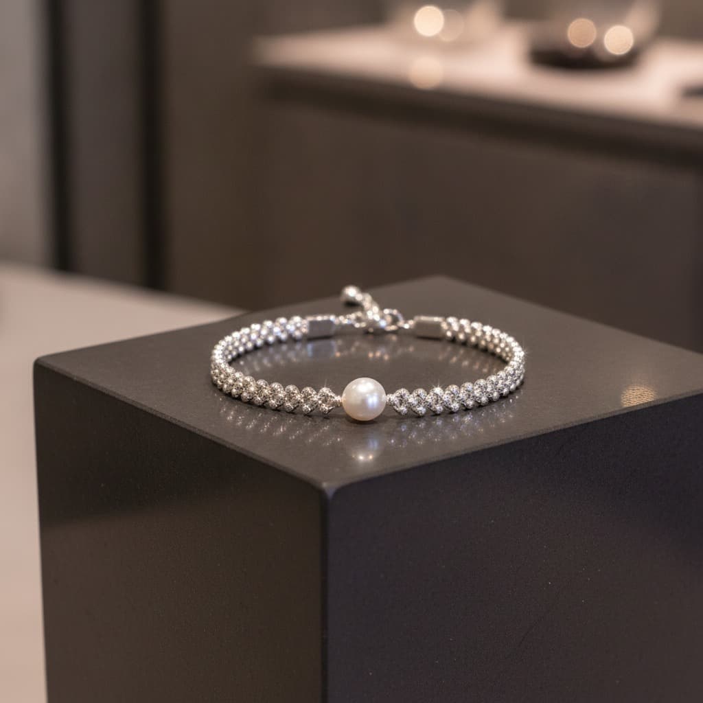 Silver Woven Pearl Accent Beaded Bracelet — view 2