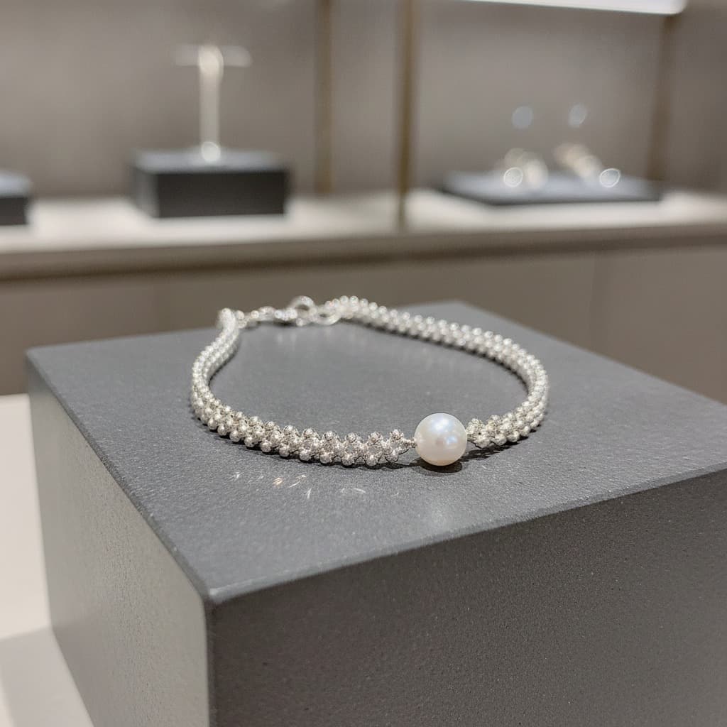 Silver Woven Pearl Accent Beaded Bracelet — view 3