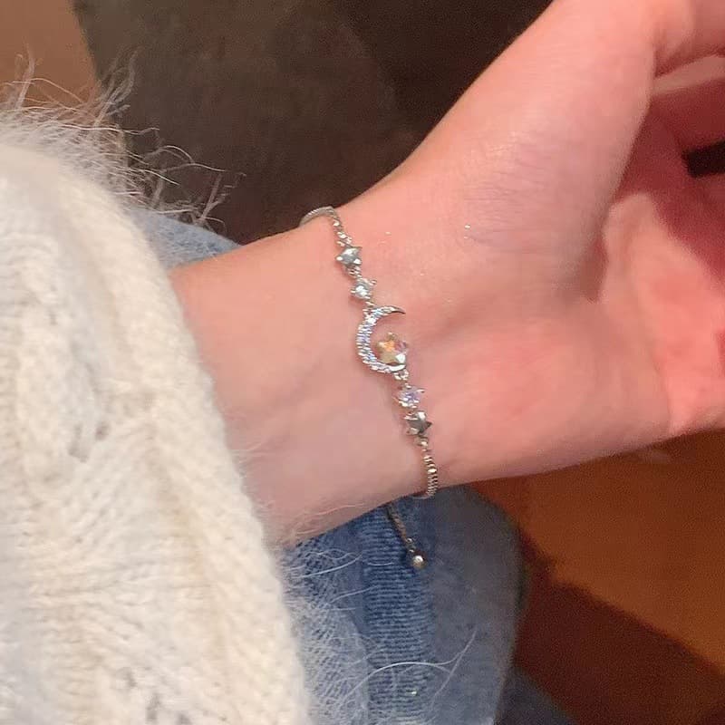 Silver Zircon Star Moon Crescent Chain Bracelet — Bracelet crystals from Mowey Studio