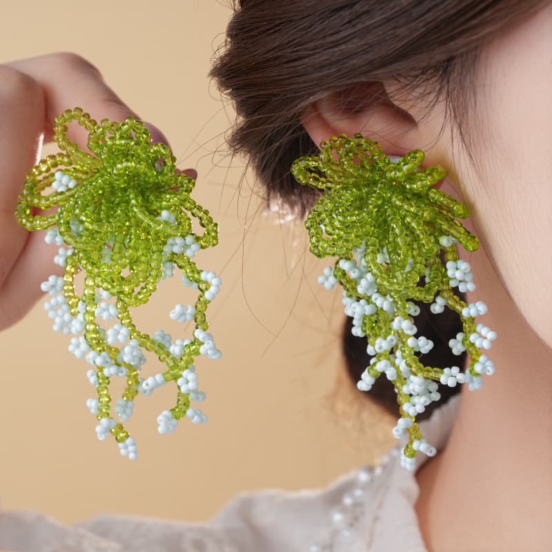 Fern Bow & Ice Berry Seed Bead Drop Earring — Earring tassels from Mowey Studio