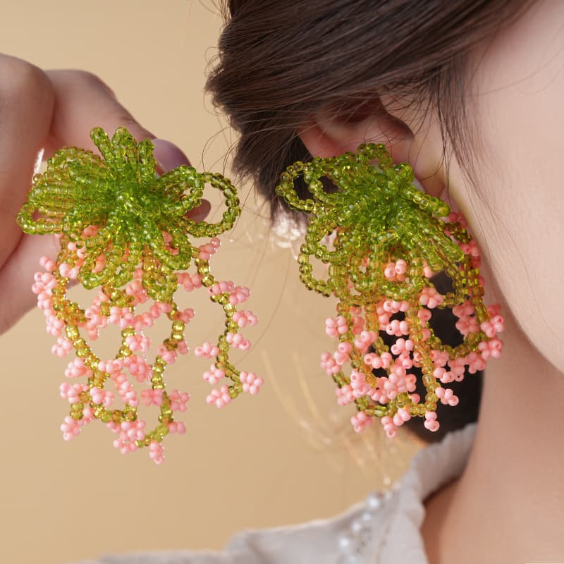 Olive Bow & Blush Berry Seed Bead Drop Earring — Earring tassels from Mowey Studio