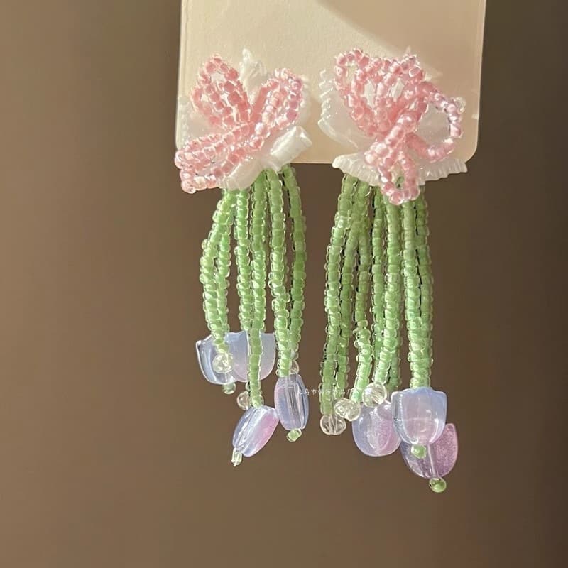 Pink Bow & Violet Tulip Bead Drop Earring — Earring tassels from Mowey Studio