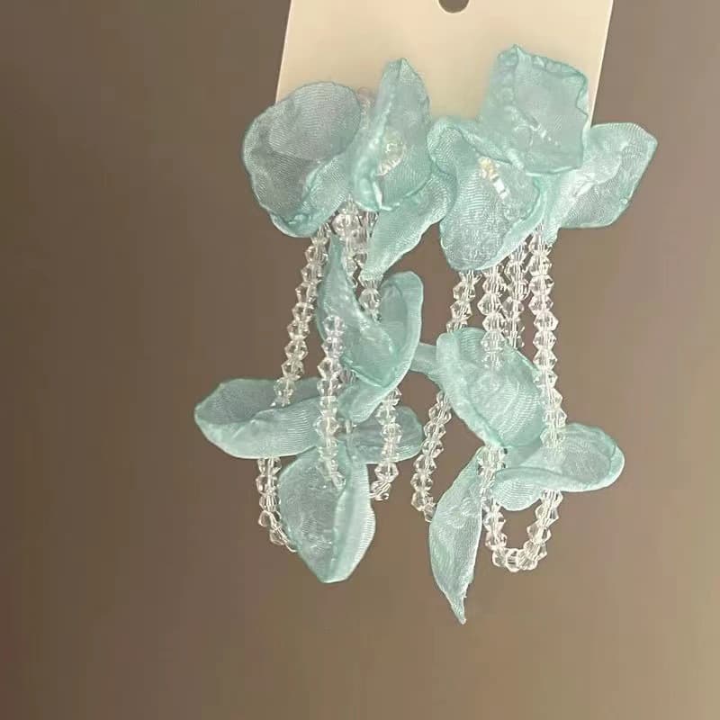 Aqua Organza Petal & Crystal Chain Drop Earring — Earring tassels from Mowey Studio