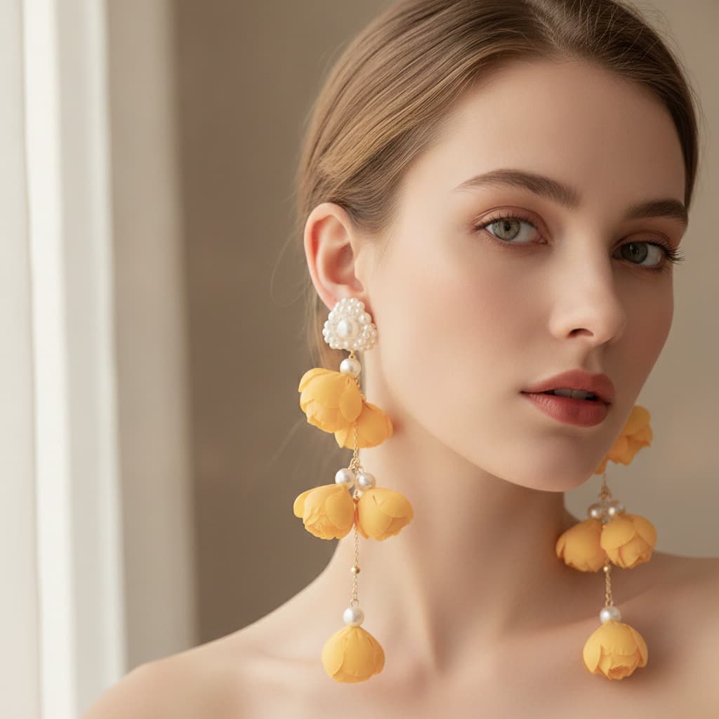 Buttercup Bud & Pearl Heart Chain Drop Earring — view 2