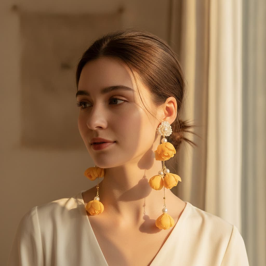 Buttercup Bud & Pearl Heart Chain Drop Earring — view 3