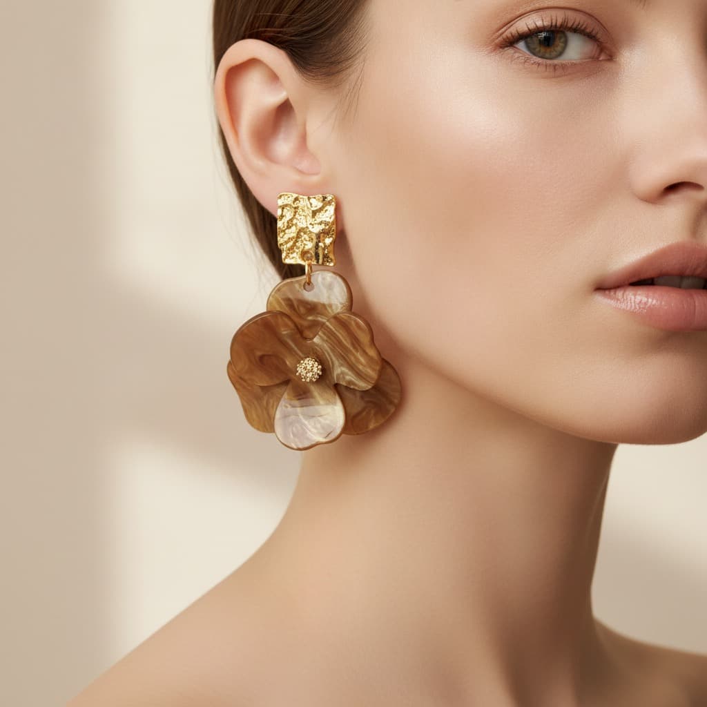 Toffee Marble Acrylic Pansy Drop Earring — view 3