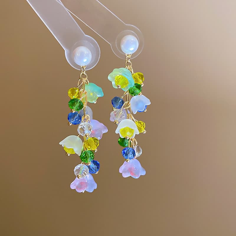 Pastel Bell Flower & Jewel Strand Drop Earring — front view