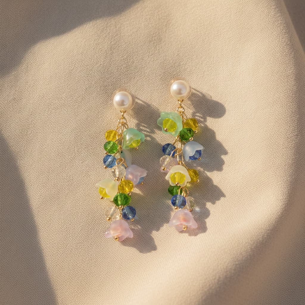 Pastel Bell Flower & Jewel Strand Drop Earring — view 2