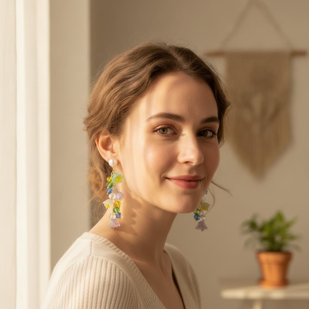 Pastel Bell Flower & Jewel Strand Drop Earring — view 3