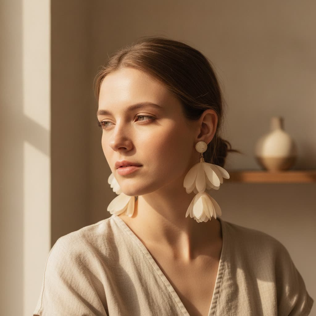 Champagne Chiffon Petal Pom Drop Earring — view 3