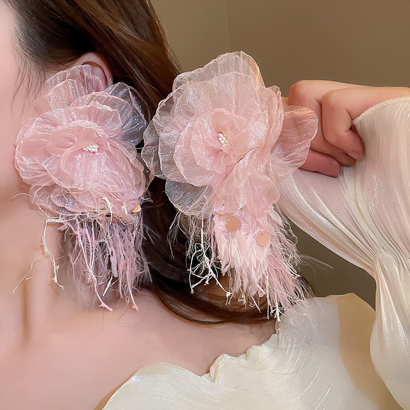 Blush Organza Bloom & Feather Drop Earring — Earring florals from Mowey Studio